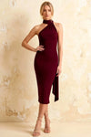 Helena Burgundy Asymmetric Neck Midi Dress with Scarf | Elegant Bodycon Evening Wear