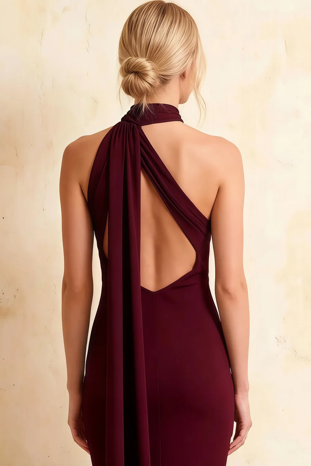Helena Burgundy Asymmetric Neck Midi Dress with Scarf | Elegant Bodycon Evening Wear