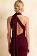Helena Burgundy Asymmetric Neck Midi Dress with Scarf | Elegant Bodycon Evening Wear
