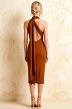 Helena Burnt Orange Asymmetric Neck Midi Dress with Scarf Detail