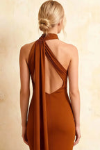 Helena Burnt Orange Asymmetric Neck Midi Dress with Scarf Detail