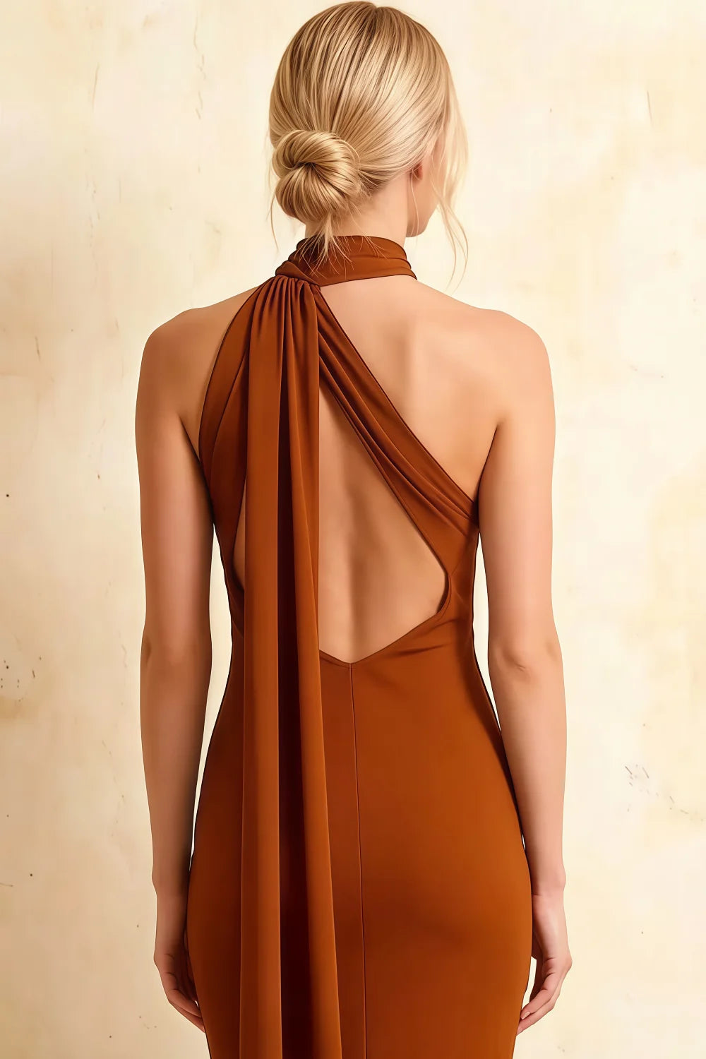 Helena Burnt Orange Asymmetric Neck Midi Dress with Scarf Detail