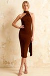Helena Chocolate Asymmetric Neck Midi Dress | Elegant Brown Bodycon Dress with Scarf Detail