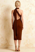 Helena Chocolate Asymmetric Neck Midi Dress | Elegant Brown Bodycon Dress with Scarf Detail