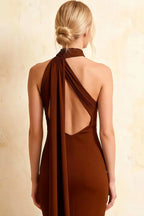 Helena Chocolate Asymmetric Neck Midi Dress | Elegant Brown Bodycon Dress with Scarf Detail
