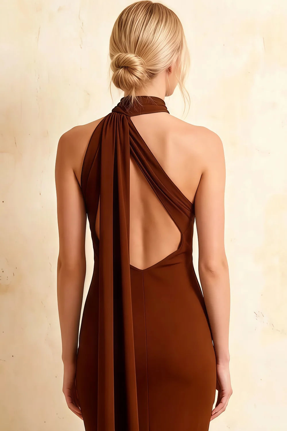 Helena Chocolate Asymmetric Neck Midi Dress | Elegant Brown Bodycon Dress with Scarf Detail