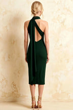 Helena Dark Green Asymmetric Scarf Midi Dress | Elegant Backless Bodycon Evening Gown