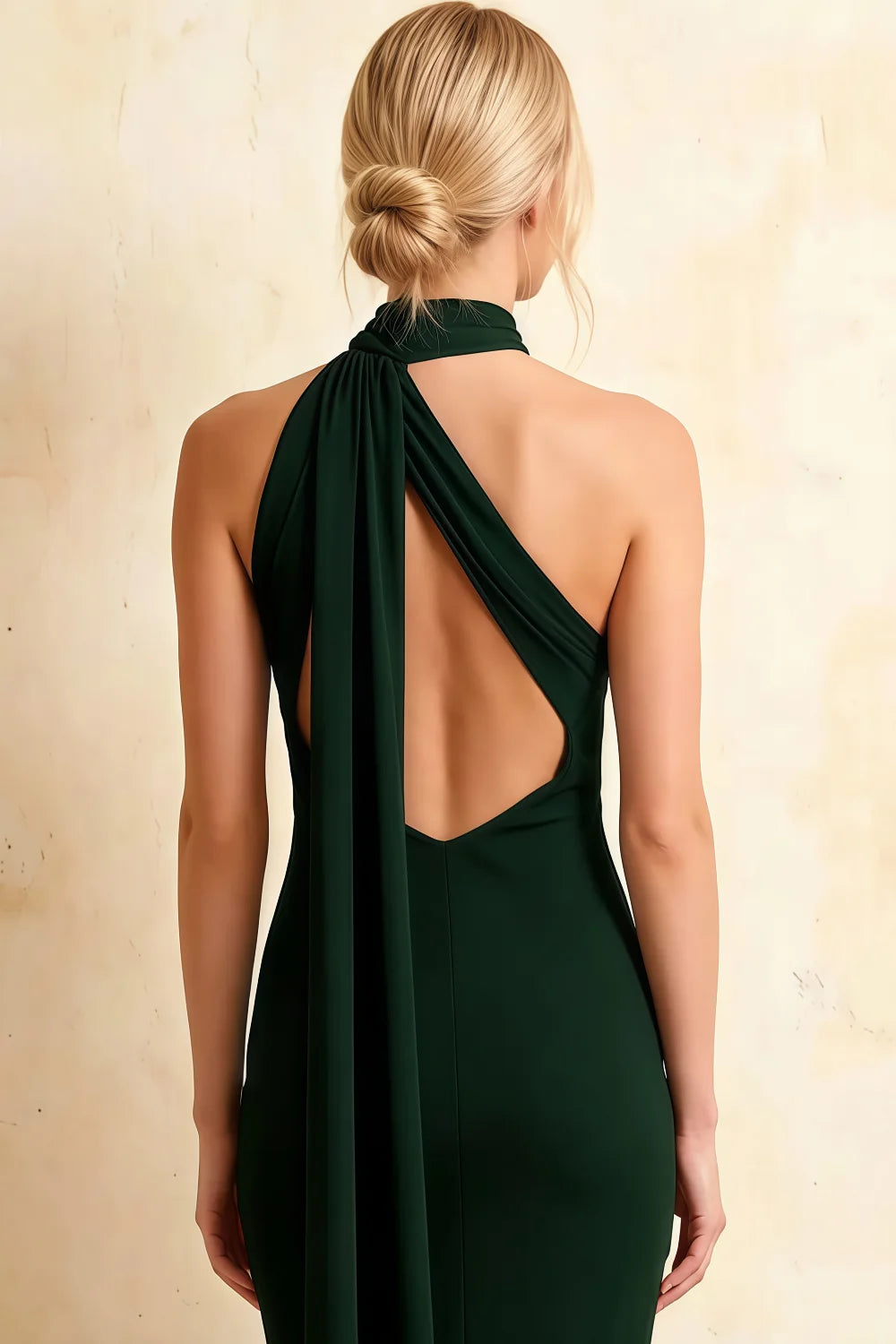 Helena Dark Green Asymmetric Scarf Midi Dress | Elegant Backless Bodycon Evening Gown