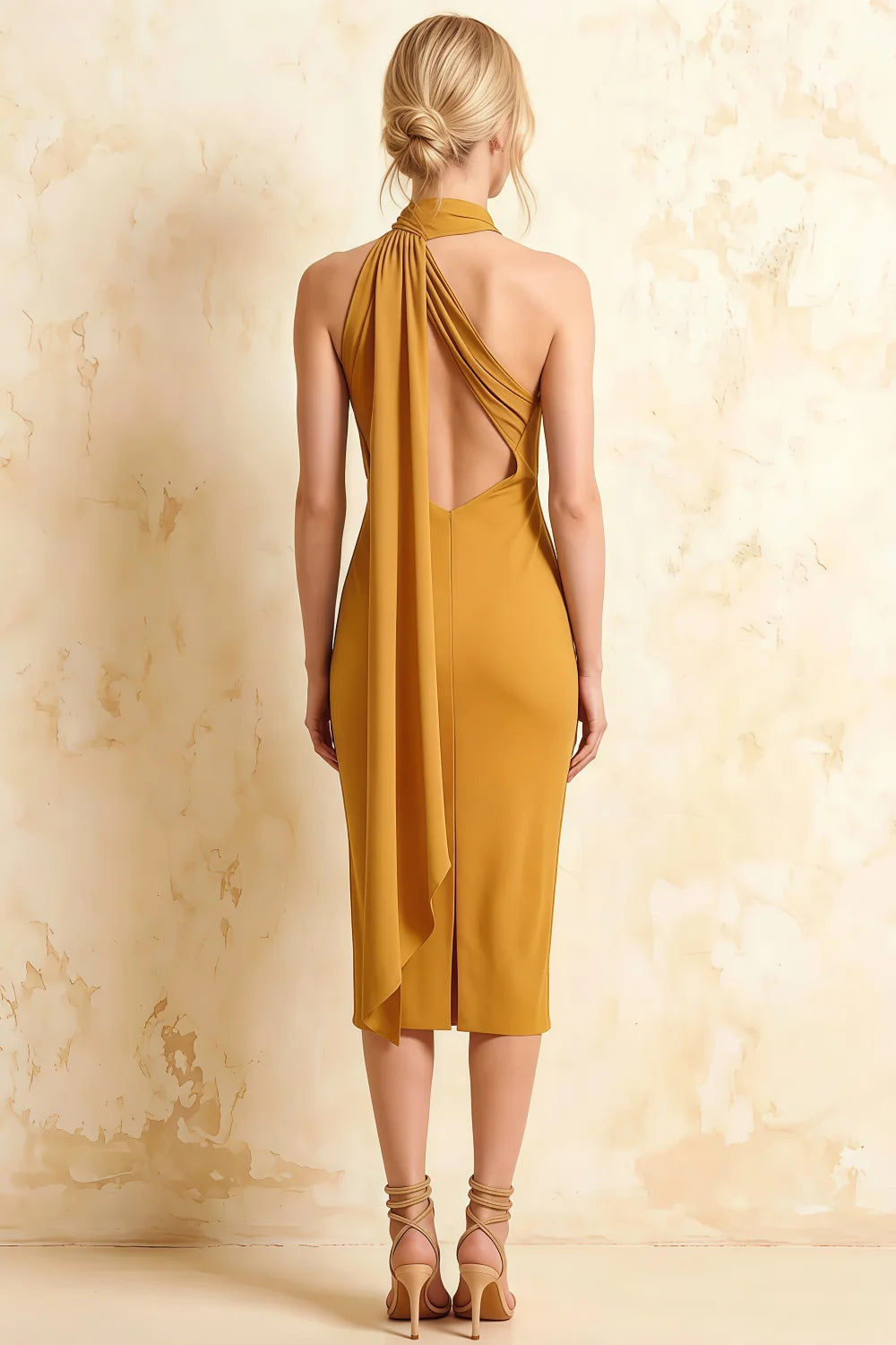 Helena Gold Midi Dress | Elegant One-Shoulder Evening Dress with Back Drape & Cutout