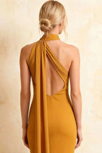 Helena Gold Midi Dress | Elegant One-Shoulder Evening Dress with Back Drape & Cutout