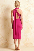 Helena Hot Pink Midi Dress | Elegant Halter Neck Midi Dress