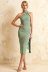 Helena Mint Midi Dress | Elegant Asymmetric Neck Backless Dress with Scarf Detail