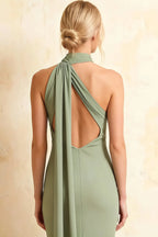 Helena Mint Midi Dress | Elegant Asymmetric Neck Backless Dress with Scarf Detail