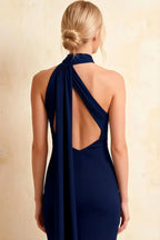 Helena Navy Blue Midi Dress | Elegant Blue Asymmetric Scarf Dress for Women