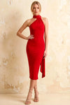 Helena Red Midi Dress | Elegant Halter Neck Backless Dress for Party