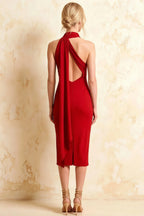 Helena Red Midi Dress | Elegant Halter Neck Backless Dress for Party