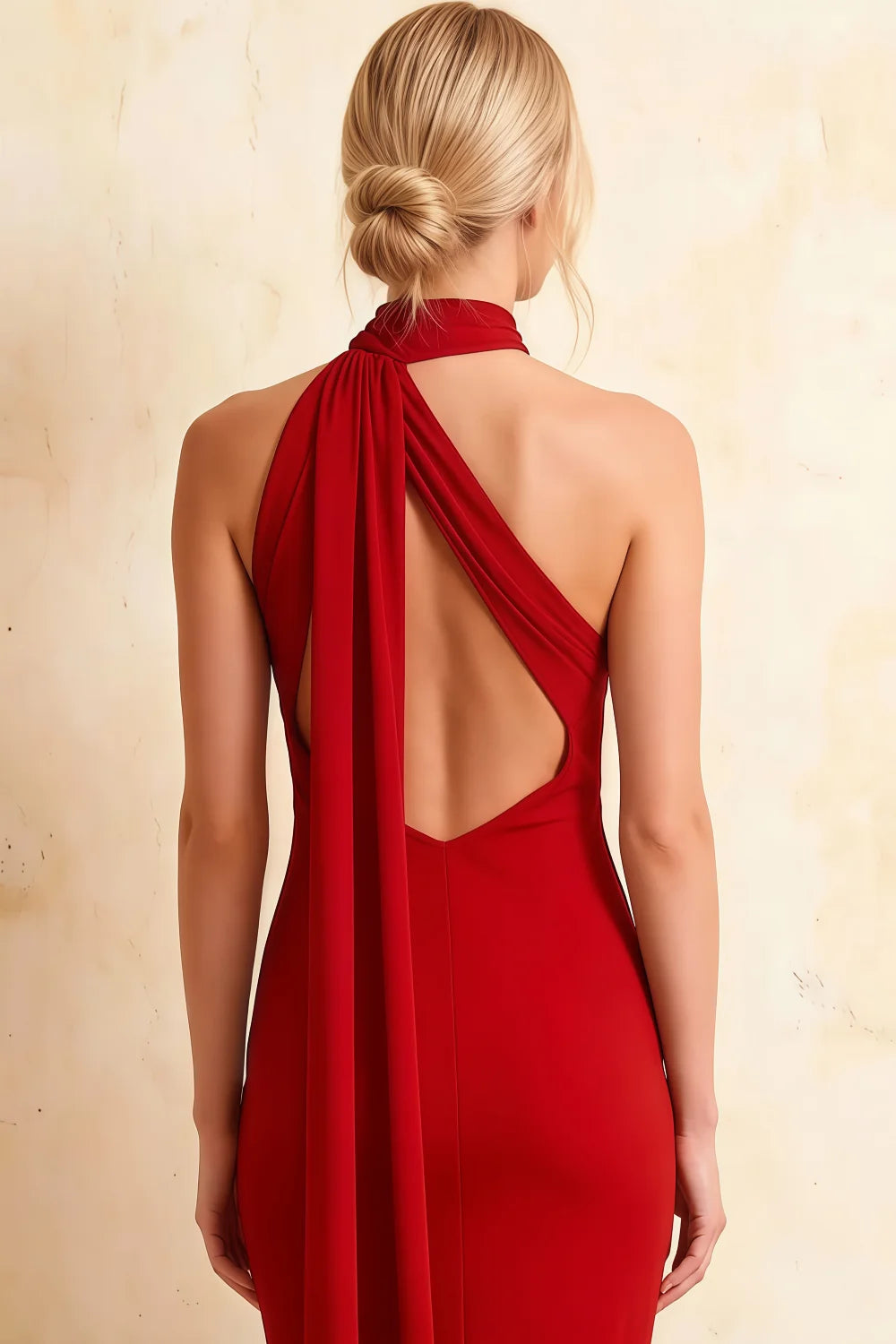 Helena Red Midi Dress | Elegant Halter Neck Backless Dress for Party