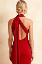 Helena Red Midi Dress | Elegant Halter Neck Backless Dress for Party