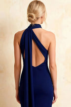 Helena Royal Blue Midi Dress with Scarf Detail | Elegant Bodycon Evening Wear