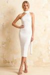 Helena White Midi Dress | Sexy Halter Neck Asymmetric Scarf Dress for Graduation