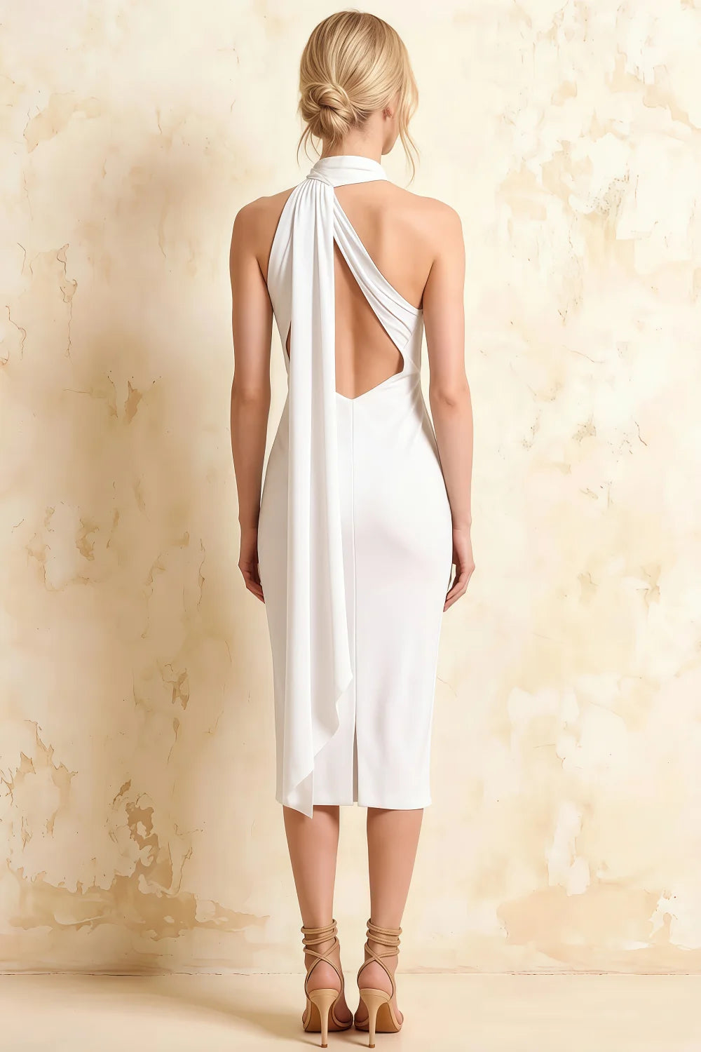 Helena White Midi Dress | Sexy Halter Neck Asymmetric Scarf Dress for Graduation