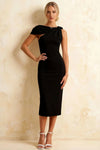 Henrietta Black Asymmetric Neck Midi Dress With Bow