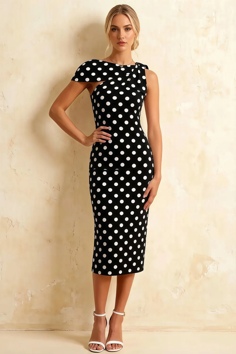 Henrietta Black Polka Dot Asymmetric Neck Midi Dress With Bow