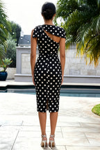 Henrietta Black Polka Dot Asymmetric Neck Midi Dress With Bow