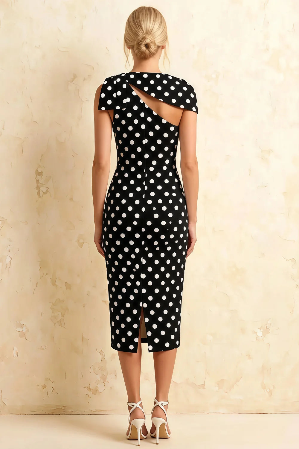 Vestido midi Henrietta negro con lunares, escote asimétrico y lazo