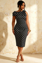 Henrietta Black Polka Dot Asymmetric Neck Midi Dress With Bow