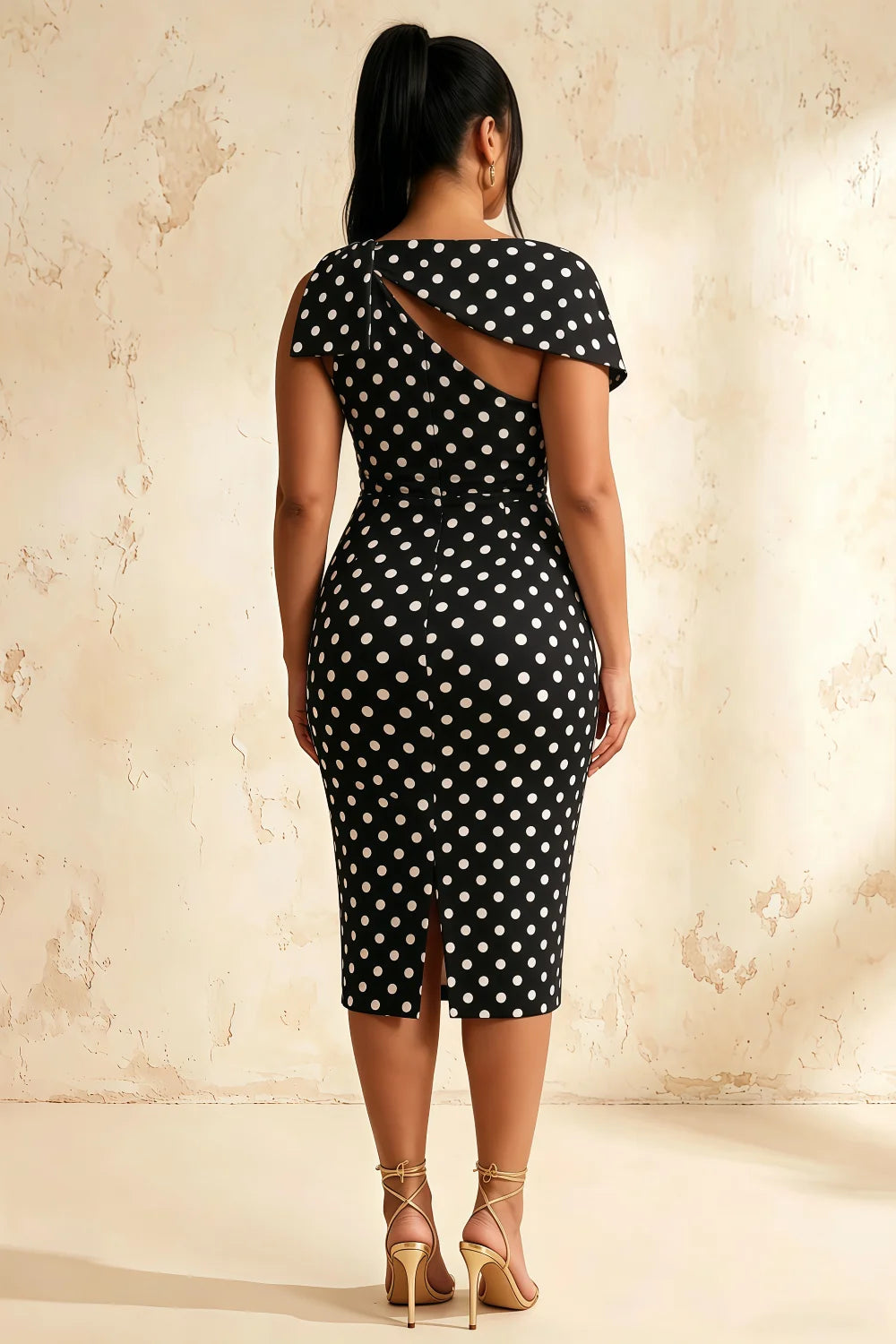 Vestido midi Henrietta negro con lunares, escote asimétrico y lazo