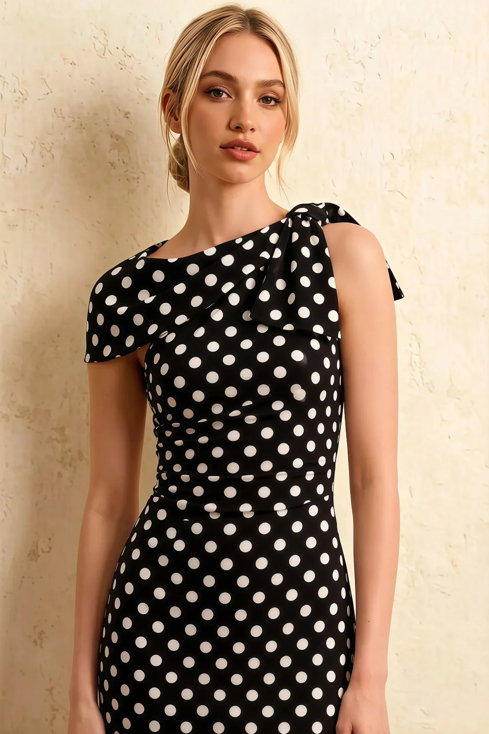 Henrietta Black Polka Dot Asymmetric Neck Midi Dress With Bow