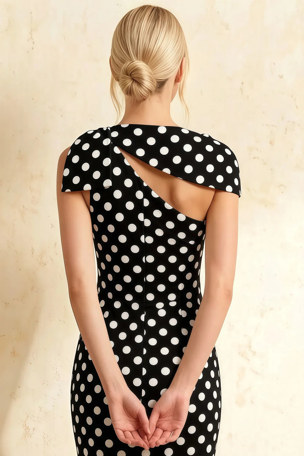 Vestido midi Henrietta negro con lunares, escote asimétrico y lazo