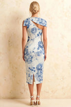 Henrietta Blue and White Floral Asymmetric Neck Midi Dress With Bow