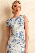 Henrietta Blue and White Floral Asymmetric Neck Midi Dress With Bow