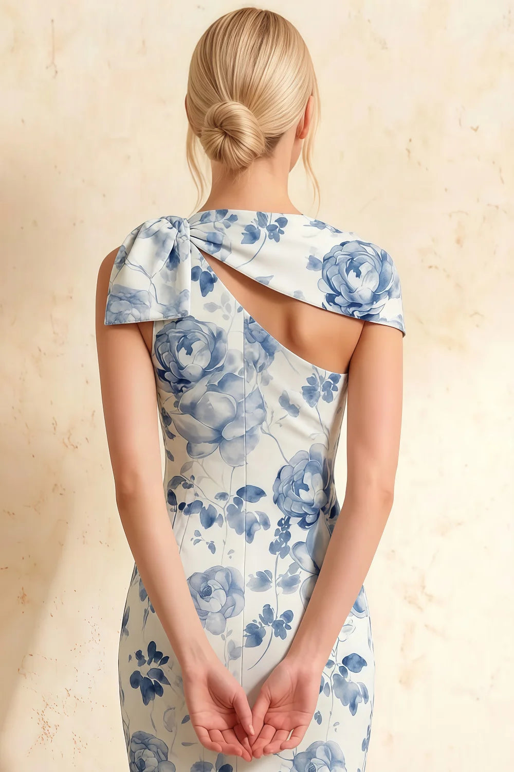 Henrietta Blue and White Floral Asymmetric Neck Midi Dress With Bow