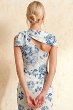 Henrietta Blue and White Floral Asymmetric Neck Midi Dress With Bow