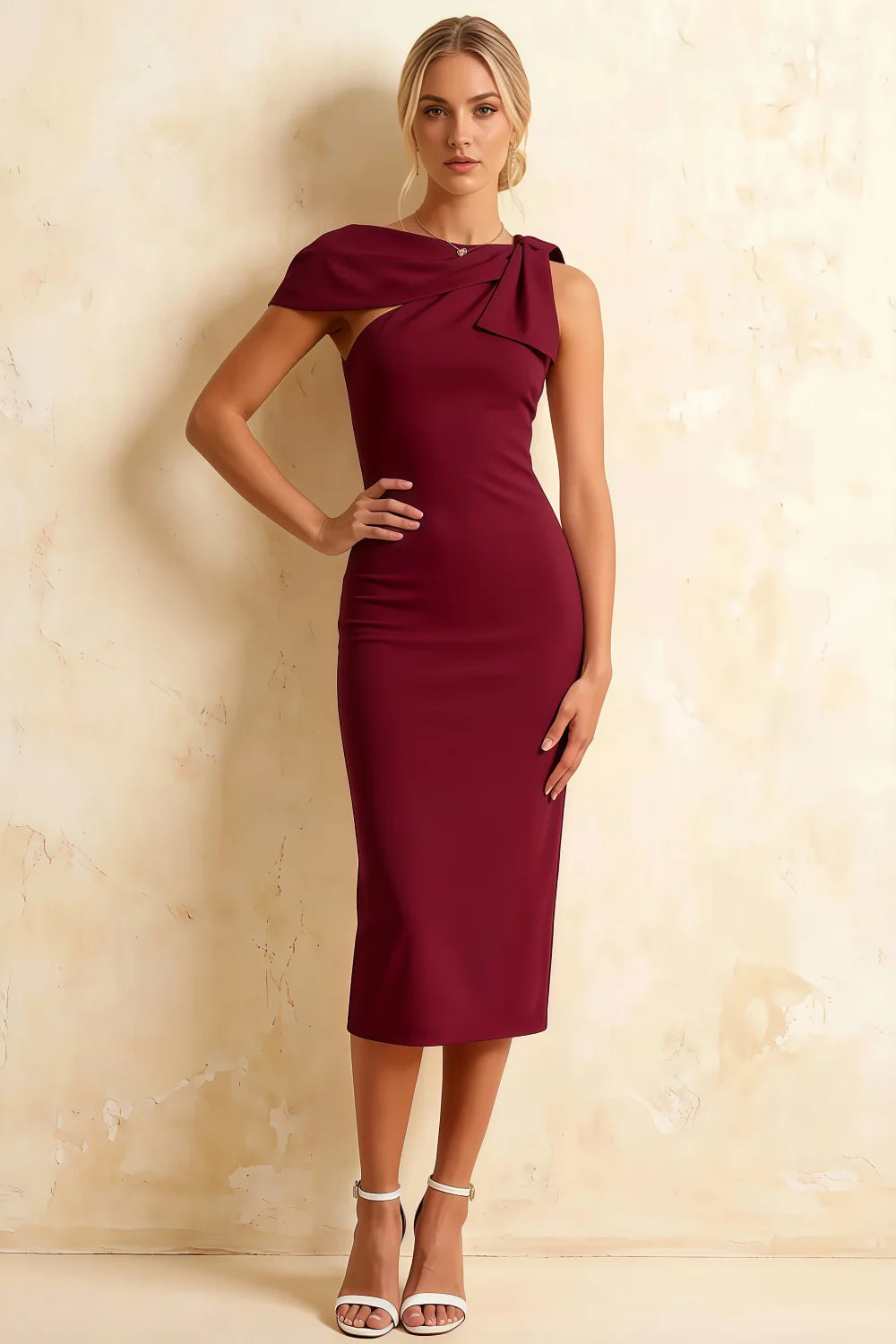 Henrietta Burgundy Asymmetric Neck Midi Dress With Bow Main image