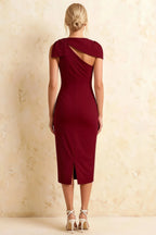 Henrietta Burgundy Asymmetric Neck Midi Dress With Bow