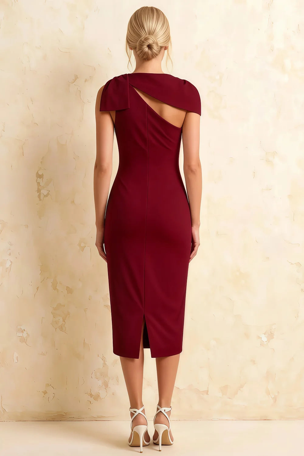 Henrietta Burgundy Asymmetric Neck Midi Dress With Bow