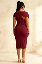 Henrietta Burgundy Asymmetric Neck Midi Dress With Bow