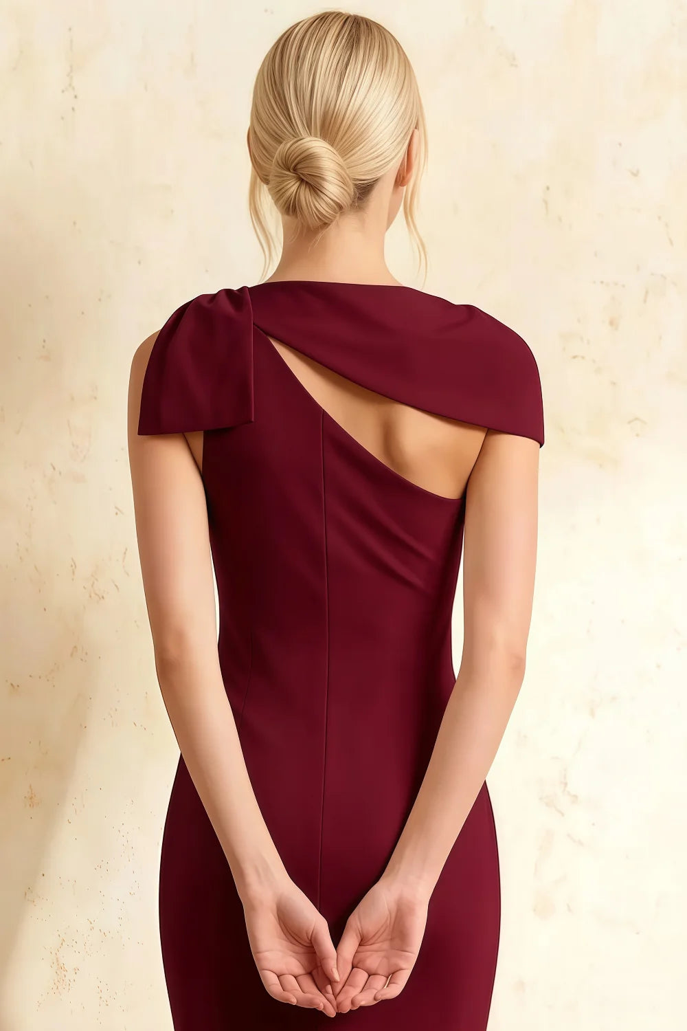 Henrietta Burgundy Asymmetric Neck Midi Dress With Bow