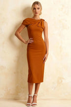 Henrietta Burnt Orange Asymmetric Neck Midi Dress With Bow