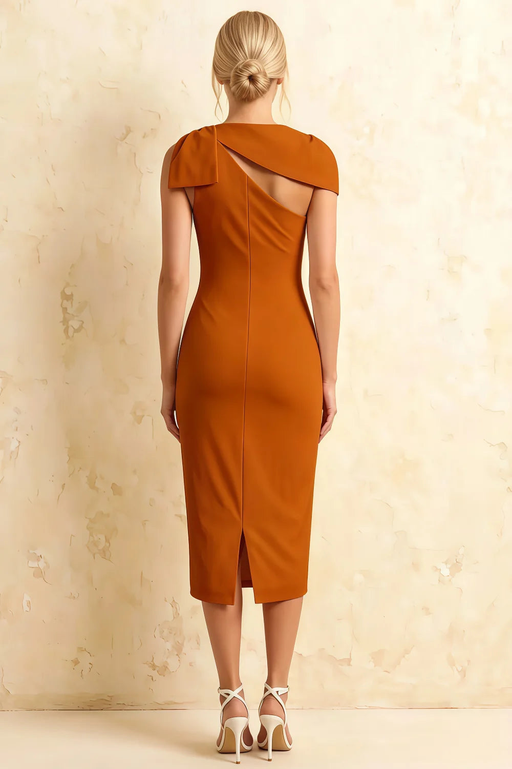 Henrietta Burnt Orange Asymmetric Neck Midi Dress With Bow