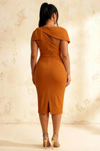 Henrietta Burnt Orange Asymmetric Neck Midi Dress With Bow