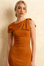 Henrietta Burnt Orange Asymmetric Neck Midi Dress With Bow