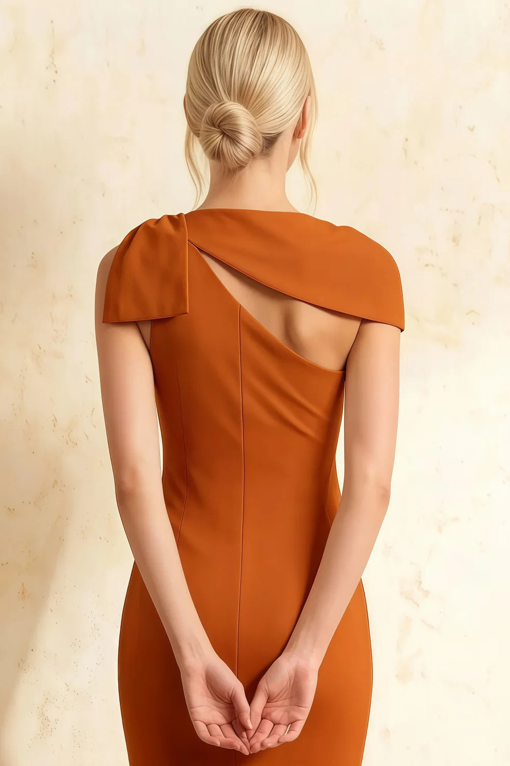 Henrietta Burnt Orange Asymmetric Neck Midi Dress With Bow