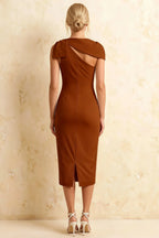 Henrietta Chocolate Asymmetric Neck Midi Dress With Bow