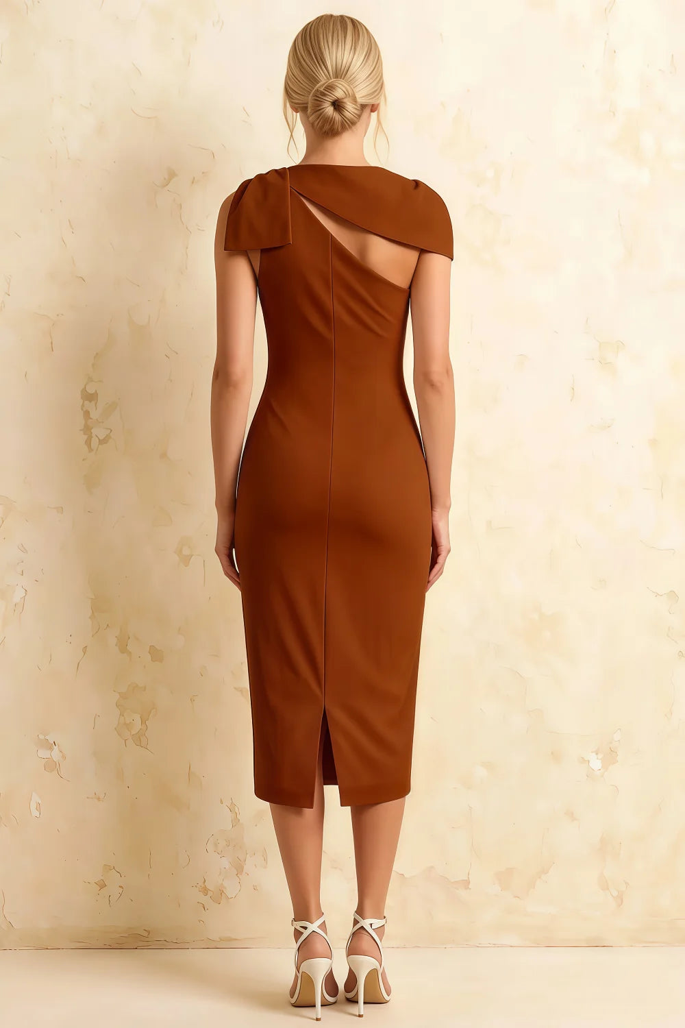 Henrietta Chocolate Asymmetric Neck Midi Dress With Bow