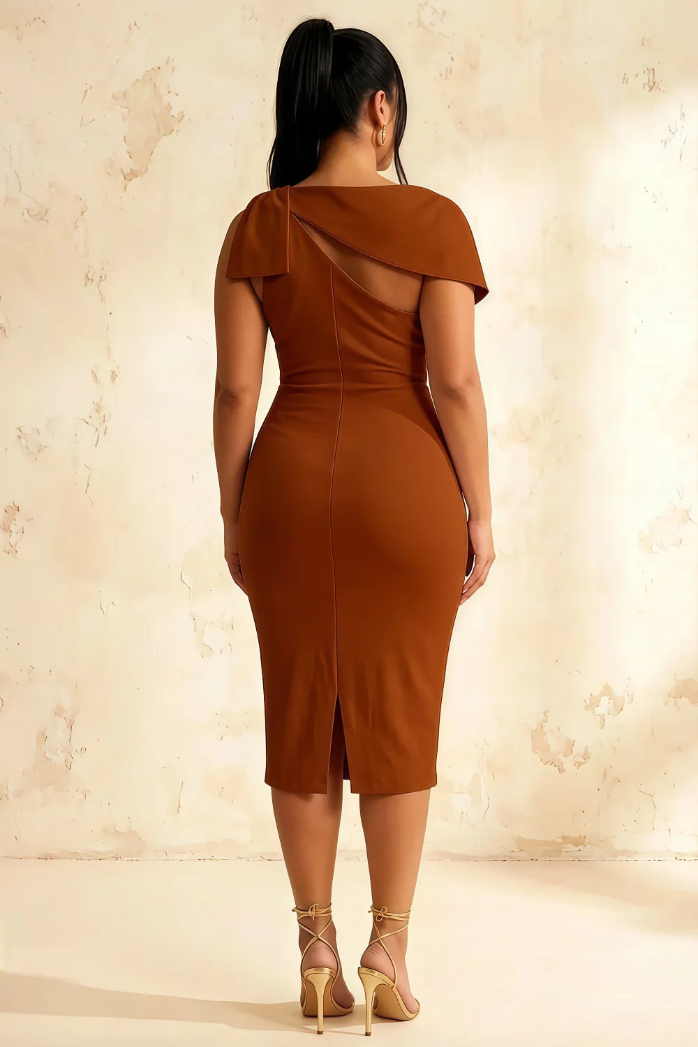 Henrietta Chocolate Asymmetric Neck Midi Dress With Bow